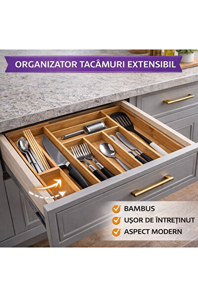SMARTECH Organizator extensibil pentru sertare de bucătărie, bambus, 6-8 compartimente