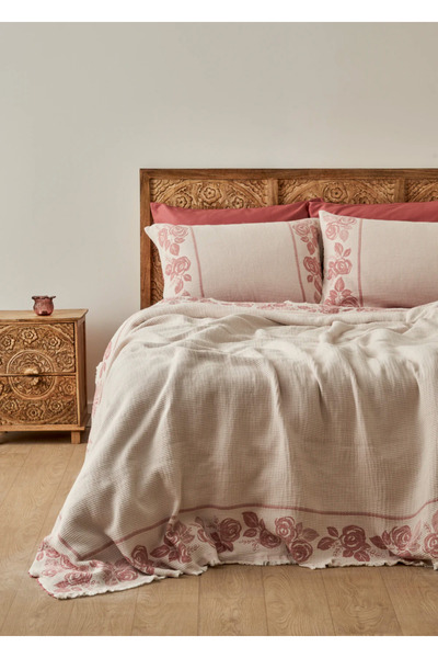 Bella Maison %100 Pamuk Rose Jakarlı Çift Kişilik Yatak Örtüsü Seti Krem (240...