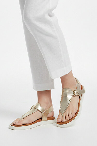 Deriderim Piele aurie autentică - Sandale de vară pentru femei cu curele la g...