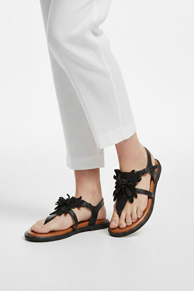 Deriderim Sandale de damă - piele de căprioară autentică neagră, florale, tal...