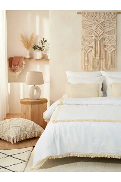 NDC HOME طقم غطاء لحاف مزدوج مربع من القطن والكتان الأبيض