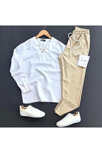 THEGENTMAN Men's Drawstring Linen Shirt Pants Suit Set of 2