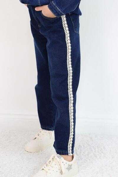 Breeze Pantaloni din denim pentru fete, cu detaliu de panglică și guipură pe ...