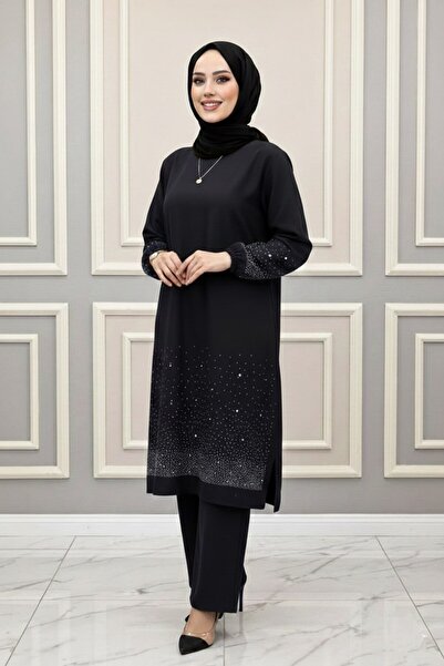 Genel Markalar TAŞ DETAY 2'Lİ MERVE TAKIM Siyah Taş Detaylı Tesettür Takım Kr...