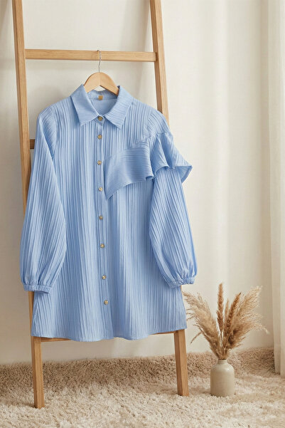 FERHEL Women's Elastic Sleeve Ruffle Detailed Elastic Tunic - Baby Blue