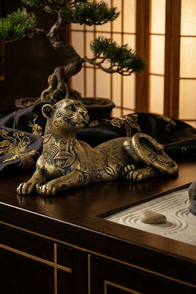 Rugad Biblo Dekoratif Heykel Leopar Biblosu Altın Eskitme Renk Model 38