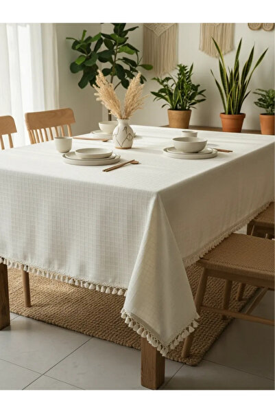 NDC HOME PATTERNED Cream Pompom Tablecloth