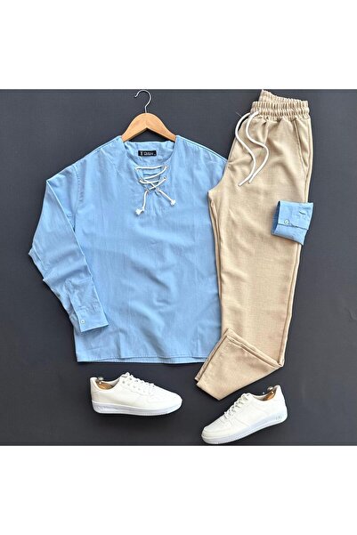 THEGENTMAN طقم بنطلون قميص كتان برباط للرجال مكون من قطعتين