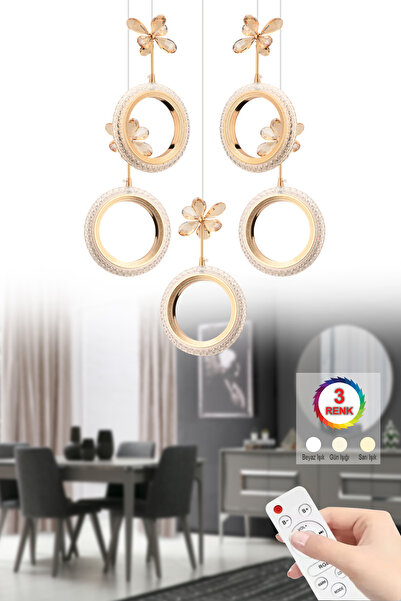 İstanbul Avize Halka 5'li Gold Kumandalı 3 Renk Ledli Modern Led Avize