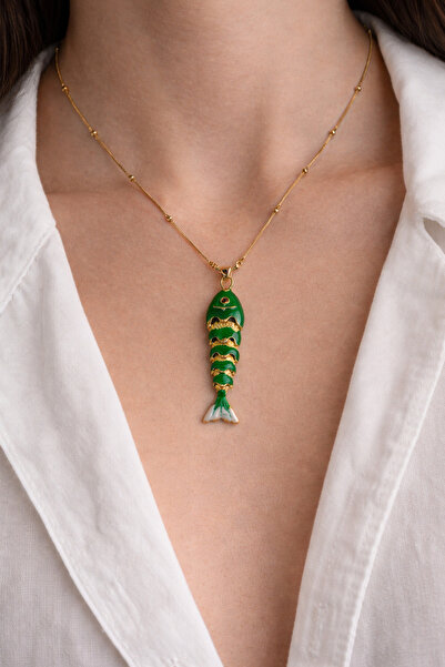 Modex قلادة من الفولاذ على شكل عظمة السمكة مطلية بالمينا (45 سم)