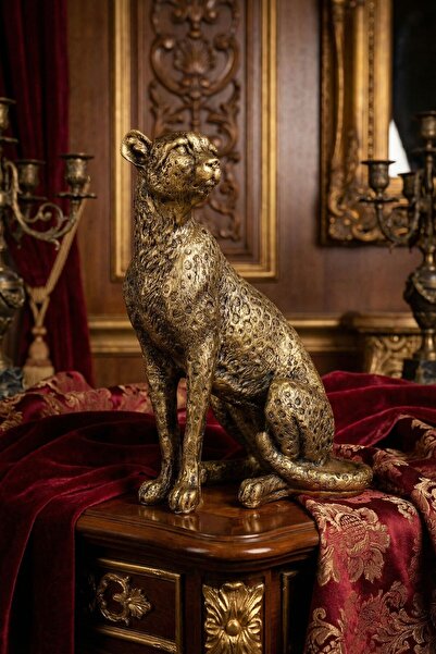 Rugad Biblo Dekoratif Heykel Leopar Biblosu Altın Eskitme Renk Model 33