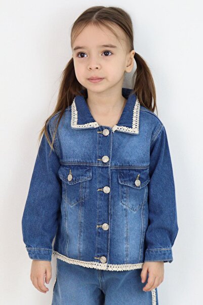 Breeze Дівчача джинсова куртка з коміром і нижньою частиною з мереживом, кише...