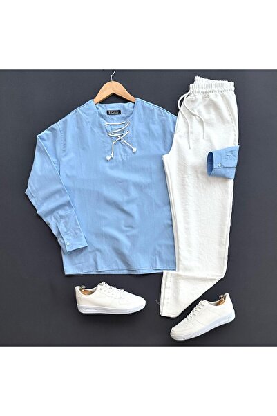 THEGENTMAN Men's Drawstring Linen Shirt and Trousers Set 2-Piece Set