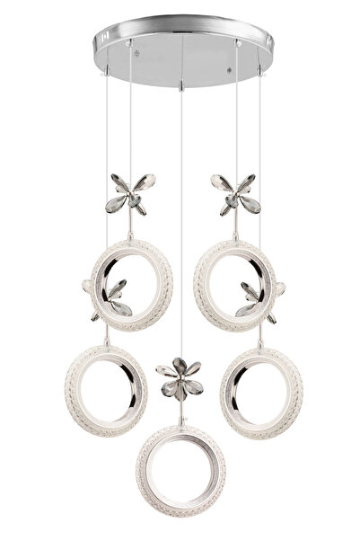 İstanbul Avize Halka 5'li Gümüş Kumandalı 3 Renk Taşlı Ledli Avize