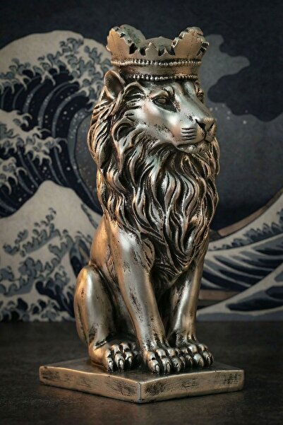 Rugad Biblo Dekoratif Heykel Taçlı Aslan Biblosu Gümüş Eskitme Model 34