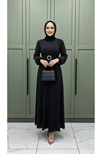 Genel Markalar SULTAN ABİYE Simli ve Taşlı Kumaş Kadın Siyah Kemer Detaylı El...