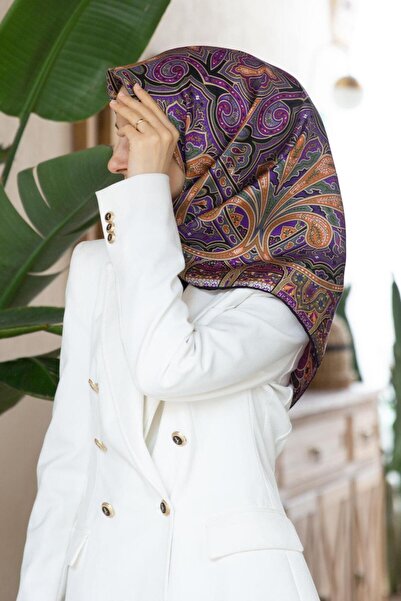 Vissona 100% Twill İpek Etnik Desenli Siyah - Mor Renkli 90x90 Dikim Şekli : ...