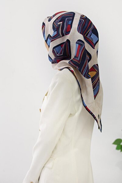 Vissona Twill Silk Scarf with Geometric Square Pattern - Red and Navy Color, ...