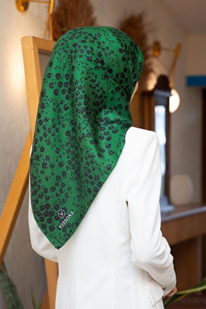 Vissona 100% Μεταξωτό Twill Crisp Floral Pattern Emerald Green - Μαύρο Κασκόλ...