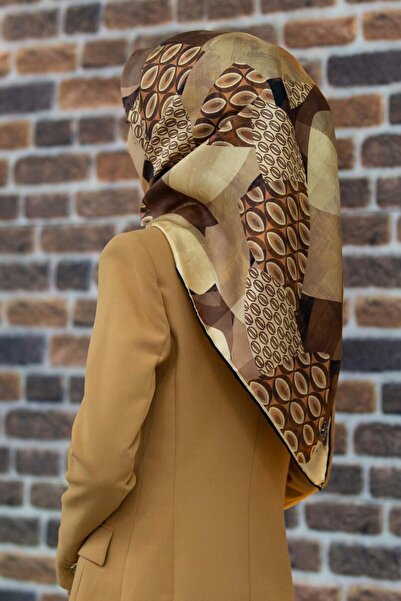 Vissona %100 Twill İpek Geometrik Desenli Gül Kurusu - Vizon Renkli 90x90 Eşa...