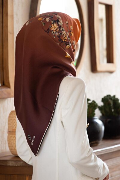 Vissona Eșarfă 100% mătase twill cu model de flori eternă, culoare bronzată, ...