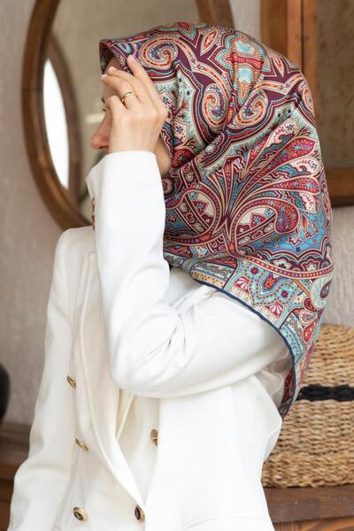 Vissona 100% Twill İpek Etnik Desenli Lacivert Renkli 90x90 Dikim Şekli : El ...