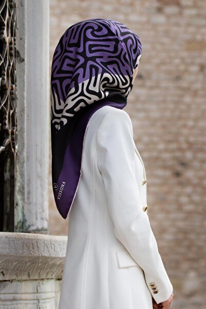 Vissona Eșarfă 100% mătase twill, model ondulat, negru - culoare prună, 90x90...