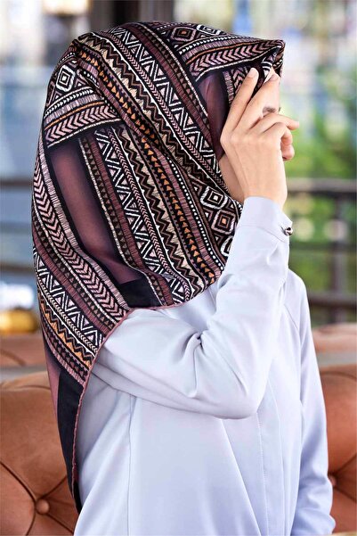 Vissona Eșarfă 100% mătase twill cu model etnic trandafir uscat - Culoare bej...