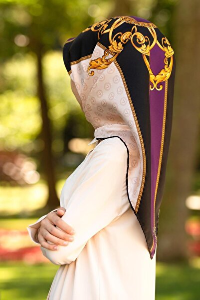 Vissona %100 Twill İpek Monogram Ve Barok Desenli Krem - Mürdüm Renkli 90x90 ...