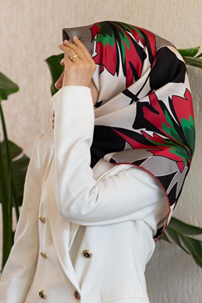 Vissona %100 Twill İpek Çiçek Desenli Krem - Bordo Renkli 90x90 Eşarp Dikim Ş...