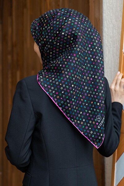 Vissona 100% Twill Silk Crispy Motif Patterned Black - Φούξια Χρώμα 90x90 Σχή...