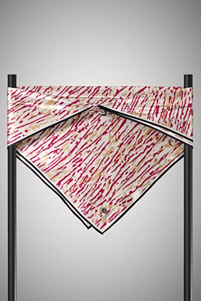 Vissona %100 Twill İpek Çizgi Desenli Krem - Bordo Renkli 90x90 Eşarp Dikim Ş...