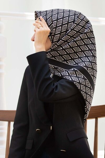 Vissona 57% Mătase 43% VISCOS Twill Mătase Cu Motiv Geometric Negru - Crem Cu...