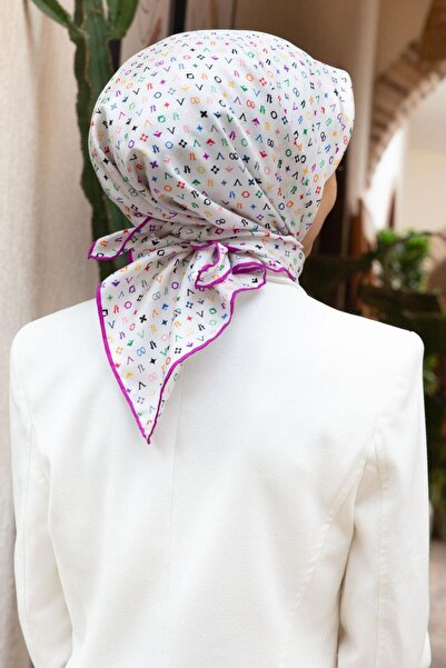 Vissona %100 Twill İpek Çıtır Motif Desenli Krem - Fuşya Renkli 90x90 Eşarp D...