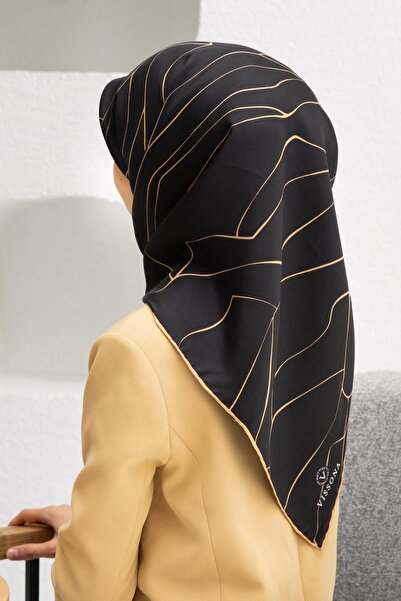 Vissona %100 Twill İpek Çizgi Desenli Siyah - Gold Renkli 90x90 Eşarp Dikim Ş...