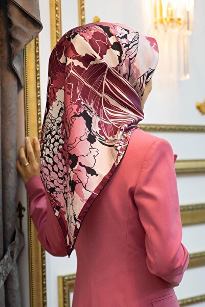 Vissona %100 Twill İpek Yaprak Desenli Bordo - Siyah Renkli 90x90 Eşarp Dikim...
