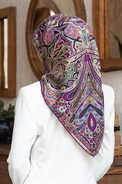 Vissona 100% Twill İpek Etnik Desenli Lacivert - Haki Renkli 90x90 Dikim Şekl...