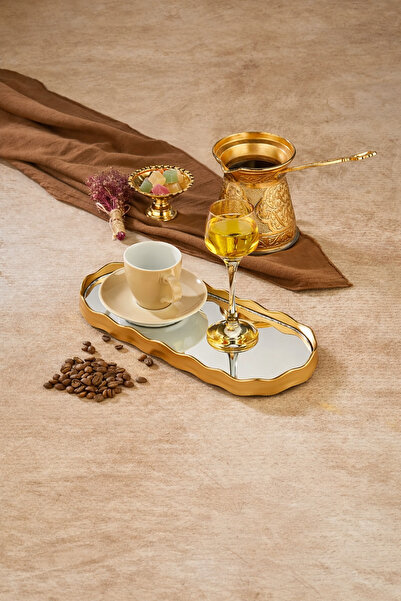 YzHome 2 Kişilik Aynalı Gold Sunum Servis Tepsisi Tepsi Dekoratif Ayna