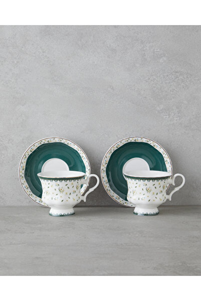 English Home Florana New Bone China 4 Piece 2 Person Tea Cup Set 220 ml Green