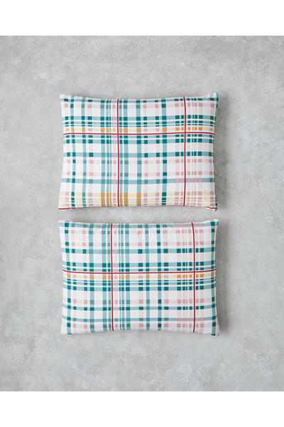 English Home Geo Plaid Pamuklu 2'li Yastık Kılıfı 50x70 cm Yeşil-Pembe