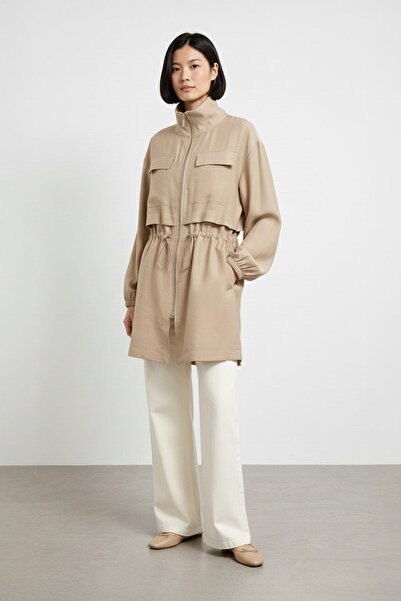 Puane Fermuarlı Dik Yaka Beli Büzgülü Kadın Ceket-15260 - BEIGE