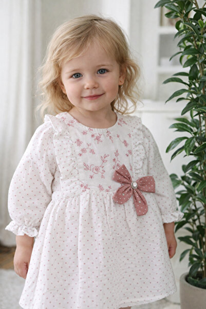 Babydola Kız Bebek Bayramlık Elbise Uzun Kollu Müslin Kumaşlı Ekru 15177
