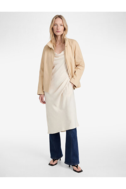 Koton Cotton Long Sleeve Pocketed Buttoned Oversize Stand Collar Gabardine Sh...