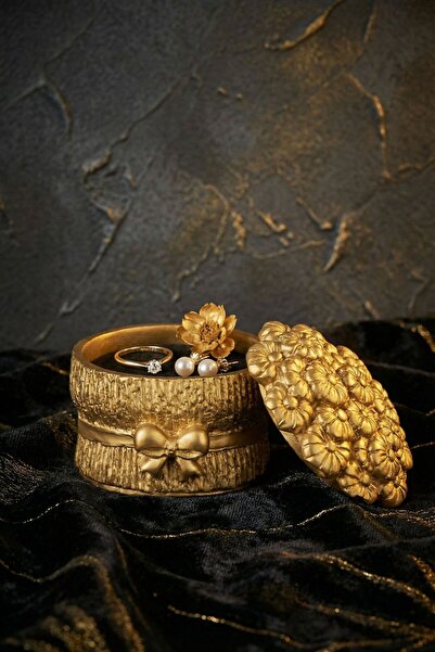 Evene Dekoratif Kapaklı Kutu Çok Amaçlı Kutu Takı Kutusu Altın Renk Model 19