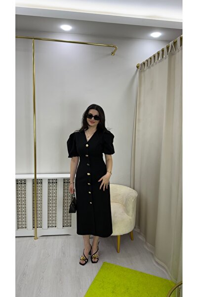 Butik Siyah gold düğmeli v yaka balon kol uzun elbise