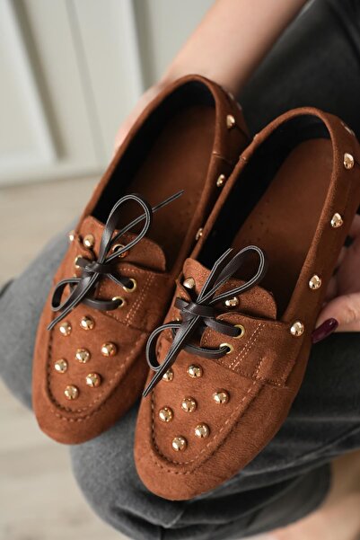 MODAADAM Balerini Fula cu talpă plată și detaliu Trok pentru femei - Maro-Suede