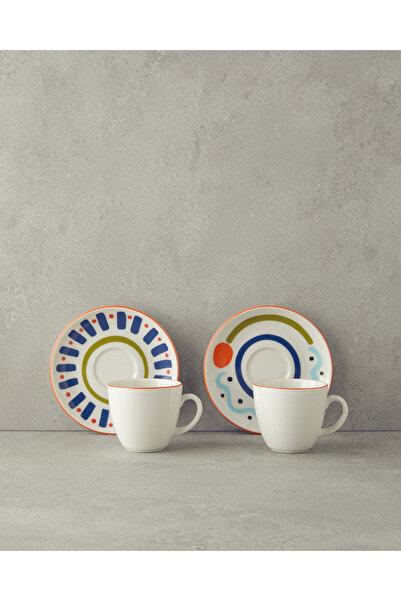 English Home طقم فناجين قهوة بورسلين ملون بخطوط مختلطة