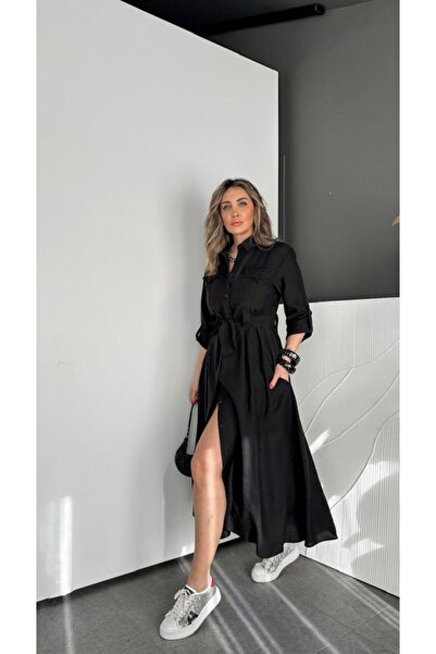 EGZOTİK ASORTİK Kuşaklı Cep Kapağı Brode Detaylı Gömlek Elbise