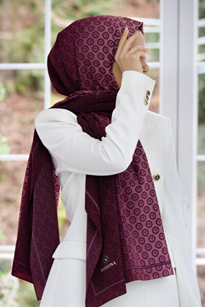 Vissona LÜKS MEDİNE İPEĞİ MONOGRAM DESENLİ PUDRA RENKLİ 75X195 KIRIŞMAZ ŞAL M...