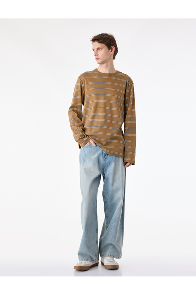 Koton Tricou cu mânecă lungă, cu dungi, din bumbac, croială normală, cu decol...